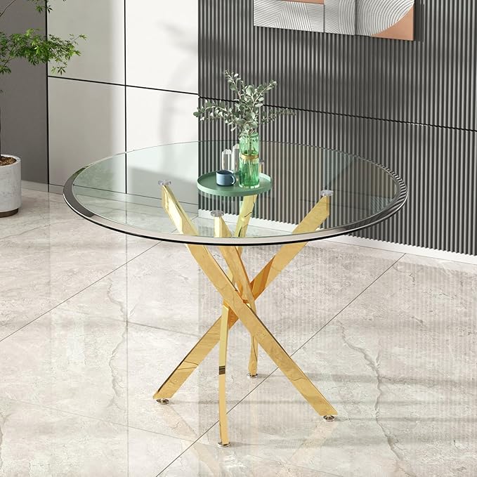 Goujxcy 5 Piece Round Glass Dining Table Set for 4, 36" Round Dining Table & Chair Set Modern Circle Glass Kitchen Table and 4 Velvet Upholstered Chairs for Kitchen Dining (Gold Table & Green Chair)
