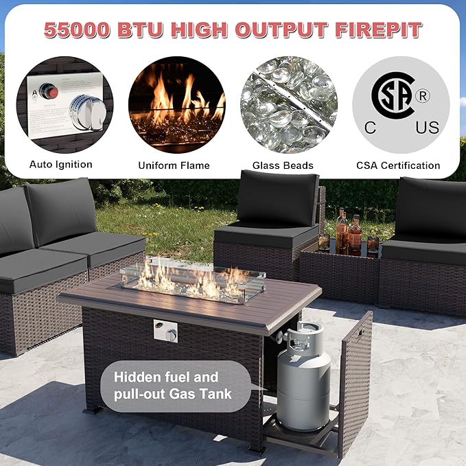 Kurapika 13 Pieces Patio Furniture Set, Rattan Wicker Outdoor Conversation Sets w/43in Propane Fire Pit Table and 4 Inch Cushion(Grey)