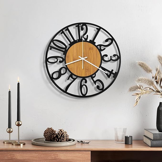 Maxstar Wall Clock Battery Operated,Silent Non-Ticking Modern Rustic Metal Round Clocks Small for Living Room/Bedroom/Office/Kitchen/Farmhouse Home Decor-10 Inch(Yellow-Wood)