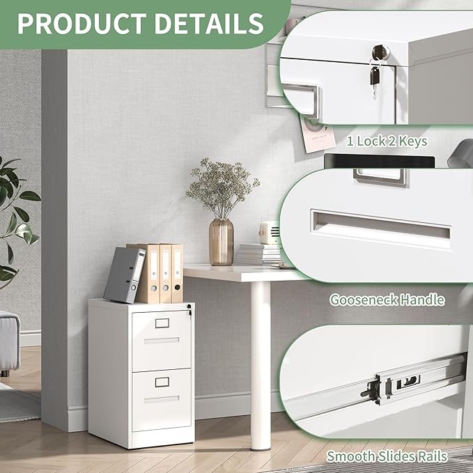 AQY 2 Drawer File Cabinet with Lock,Filing Cabinets for Home Office,Metal File Cabinet 18" Deep Vertical Storage Drawer for Hanging A4/F4/Letter/Legal Size Files, Assembly Require