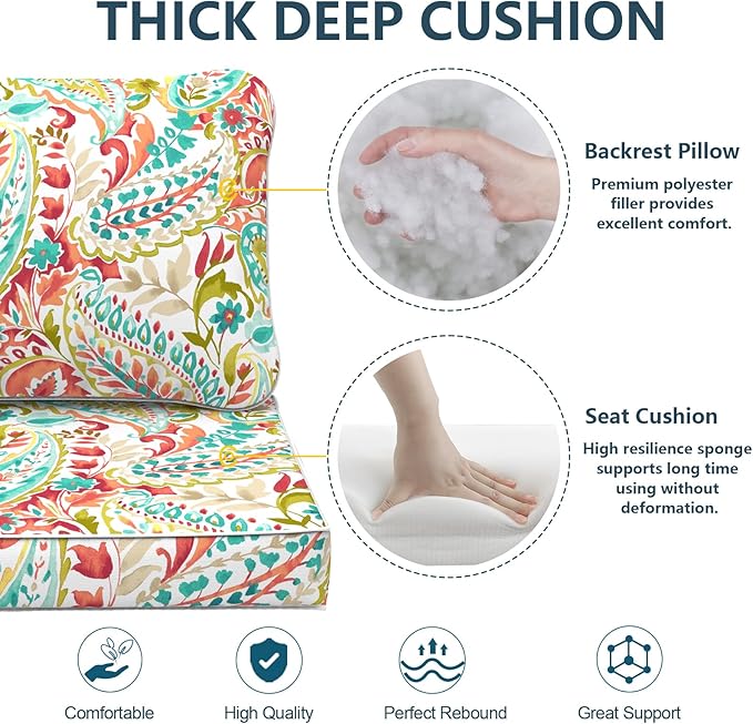 Outdoor Deep Seat Cushions Set 24 x 24 Inch for Patio Furniture,Water Resistant Chair Cushions Replacement Includes Seat Cushion & Back Pillow for Couch Sofa, Wicker Chair - Pretty Paisley