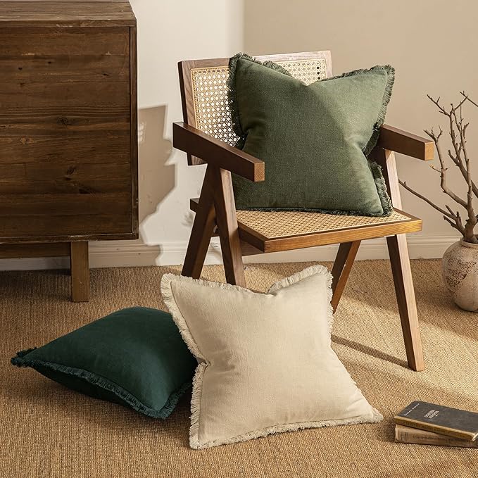 MIULEE Decorative Throw Pillow Covers Neutral Linen Fringe Throw Pillows Euro Shams Set of 2 Olive Green Boho Farmhouse Cushion Covers for Couch Sofa Bed Living Room Spring Home Decor 26x26 Inch