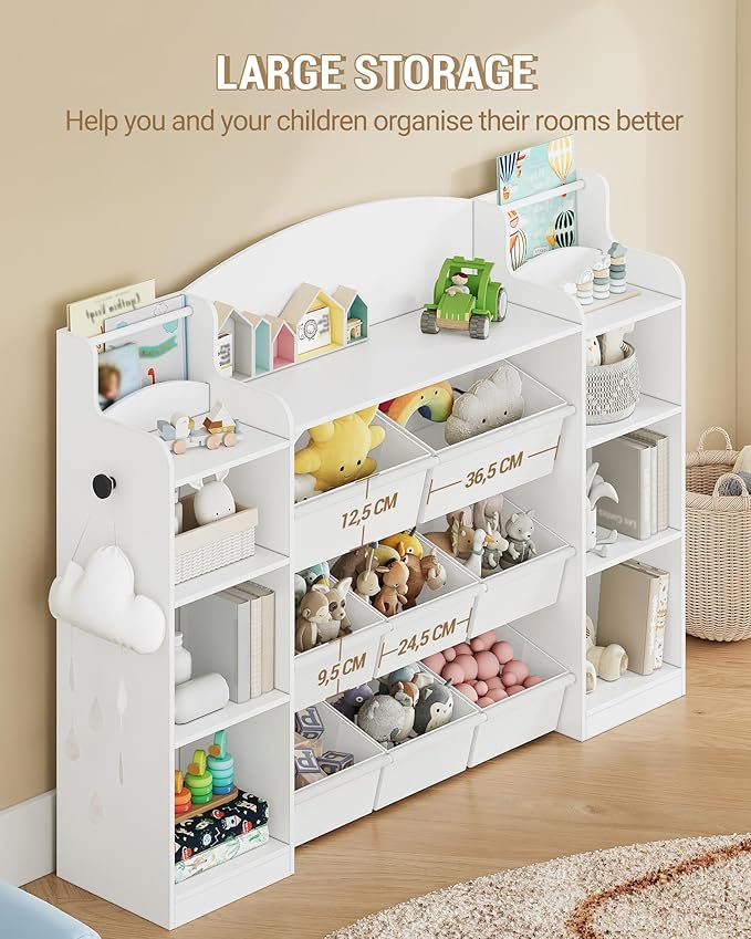 Toy Storage Organizer, Toy Shelf with 8 Storage Bins, Playroom Storage, Kids Bookshelf, 4-Tier Toddler Bookshelf for Children's Room, Bedroom, Living Room, Study Room, Nursery White KB43003W