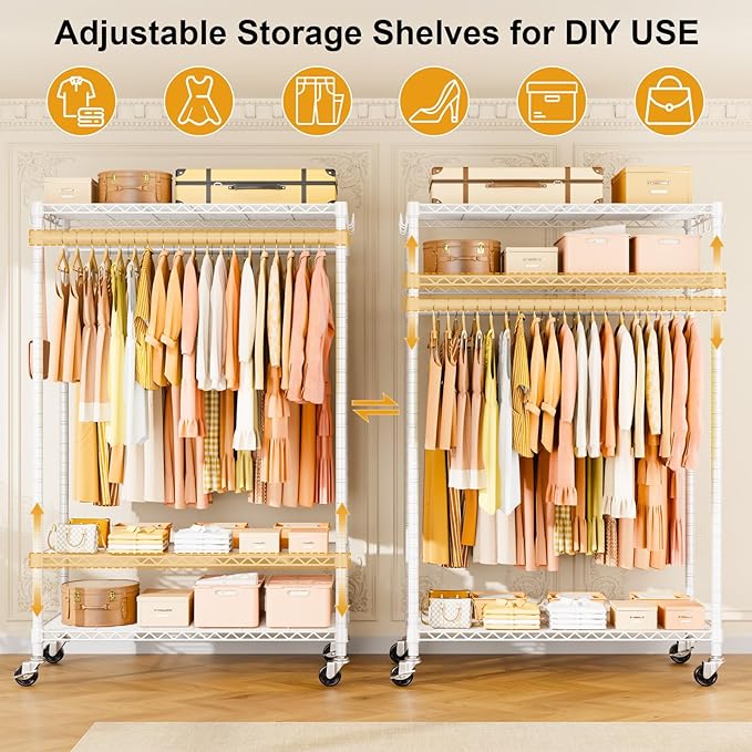 P7 Rolling Clothes Rack, Clothing Racks for Hanging Clothes, Heavy Duty Garment Rack with Wheels, 3 Tiers Freestanding Portable Closet Rack 45''W × 20.5''D × 80.5''H, Max Load 480 lbs, White