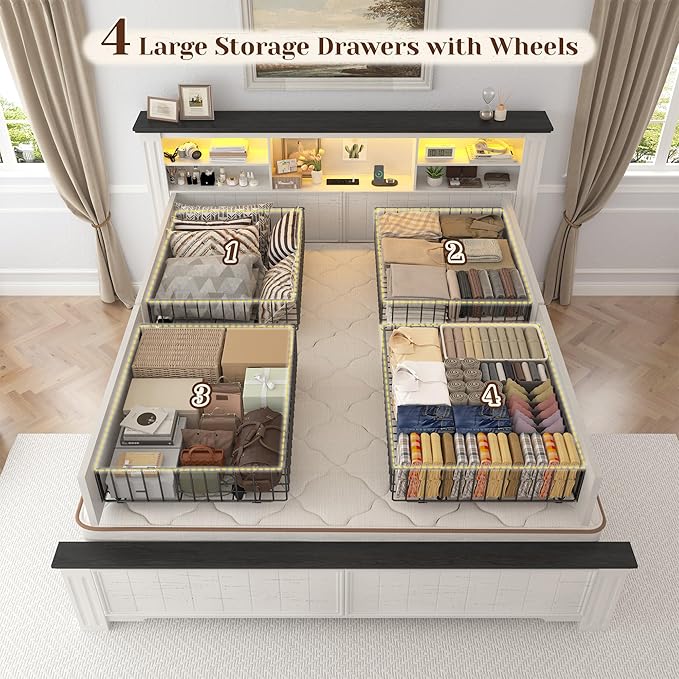 EnHomee Queen Bed Frame with Headboard and Storage, 4 Drawers and LED Built in Charging Station Bed Frame Queen Size with Storage Farmhouse, NO Noise,No Box Spring Needed, White