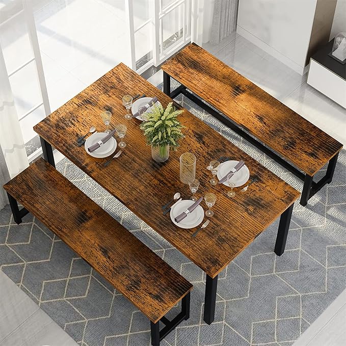 Dining Room Table Set with 2 Benches, Farmhouse Dining Table Set for 4-6, Wood Breakfast Table Set Dinner Table Set Kitchen Table and Chairs for Breakfast Nook Small Spaces, Brown