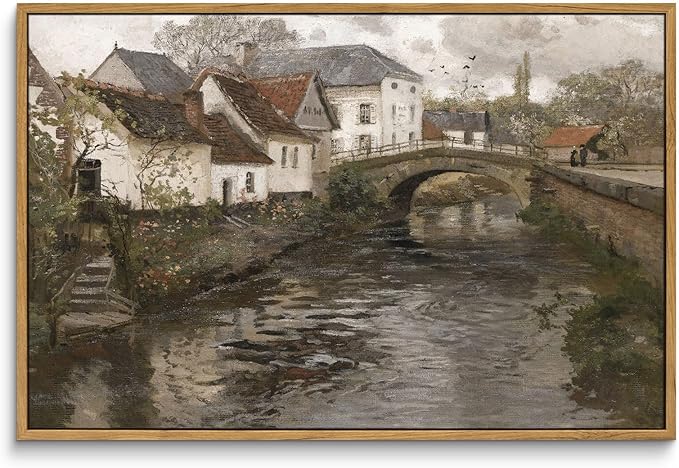 InSimSea Framed Canvas Wall Art Vintage Decor, Landscape Wall Art, Riverside Small Town Large Canvas Prints Home Decor, Rustic Farmhouse Wall Decor for Bedroom Living Room, 16"x24"