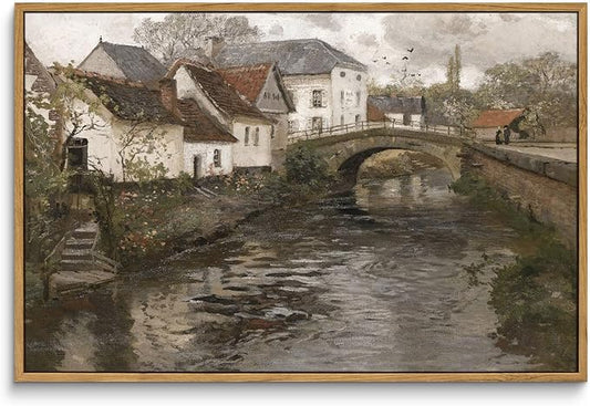 InSimSea Framed Canvas Wall Art Vintage Decor, Landscape Wall Art, Riverside Small Town Large Canvas Prints Home Decor, Rustic Farmhouse Wall Decor for Bedroom Living Room, 16"x24"