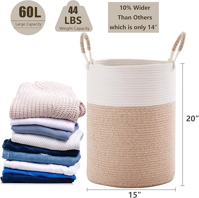Hamper Laundry Basket Tall Woven Clothes Hamper for Baby Girls Nursery Kids Cotton Rope Blanket Basket in Living Room Bathroom Bedroom Brown 60L Large Capacity