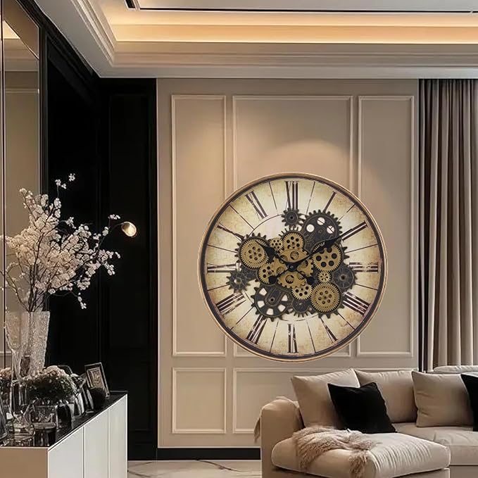 20 Inch Bronze Yellow Steampunk Wall Clock with Decorative Gears, Industrial Vintage Analog Clock for Living Room, Farmhouse, Office Decor, Silent Non-Ticking Battery Operated