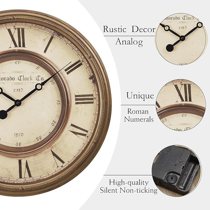 20 Inch Retro Farmhouse Wall Clock, Solid Wood Silent Non-Ticking, Battery Operated Decorative Clock for Living Room, Kitchen, Bedroom, Office and Home Decor