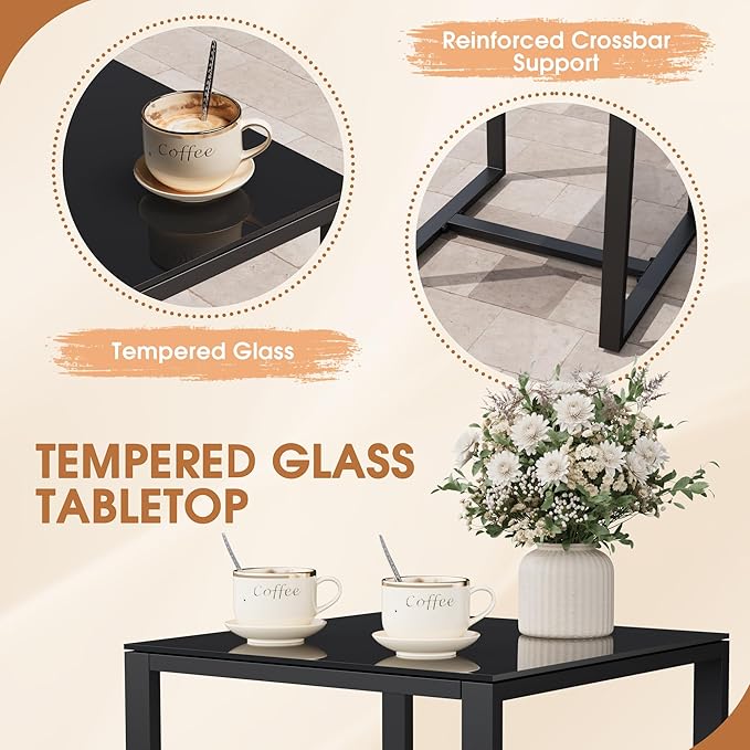 Homall Resin 3 Pieces Patio Furniture Set, Outdoor Bistro Set with Cushions and Glass Table, Conversation Set Rattan Chair for Porch, Balcony, Poolside, Garden (Black)