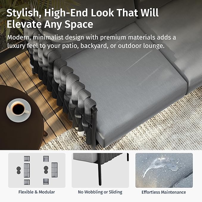 EAST OAK 5-Piece Patio Furniture Set | Life Chatter 5-Seat Outdoor Furniture | Deep Seating & Two Coffee Tables | Waterproof Extra-Thick Cushions | Porch, Balcony & Backyard | Earth Black & Misty Grey