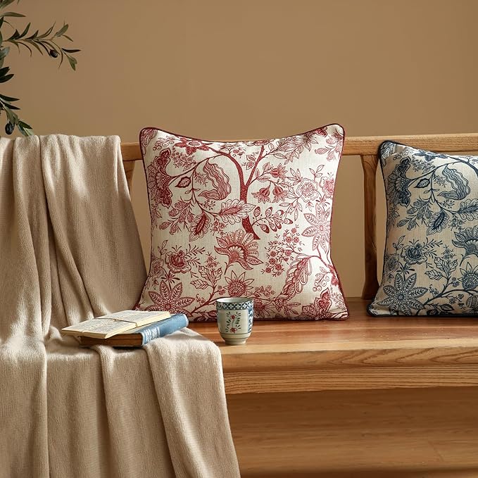 Design Linen Square Throw Pillow Covers 18"x18" Pack of 2, French Country Cushion Covers with Red Toile de Jouy Floral Pattern Decoration Pillowcases for Bed, Living Room, Outdoor, Car