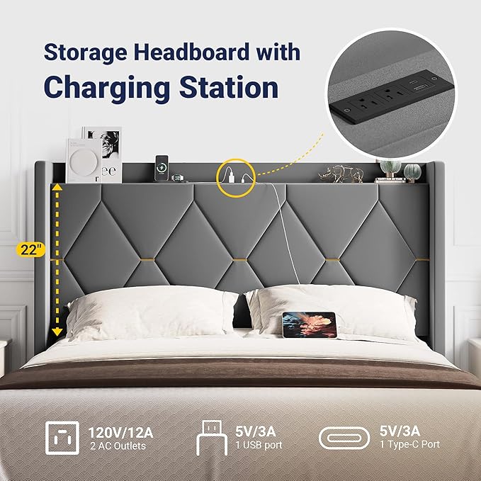 Allewie Velvet Queen Upholstered Bed Frame with Wingback Storage Headboard & Charging Station, Platform Bed with Diamond Tufted Design & Gold Trim, No Box Spring Needed, Easy Assembly, Grey
