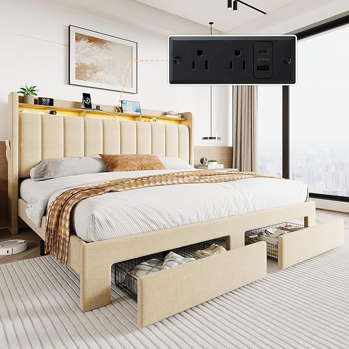 SHA CERLIN King Size Platform Bed Frame with Vertical Channel Tufted Wingback Headboard & 2 Storage Drawers/2-Tier Shelves with LED Lights & Charging Station/Noise-Free/No Box Spring Needed/Beige