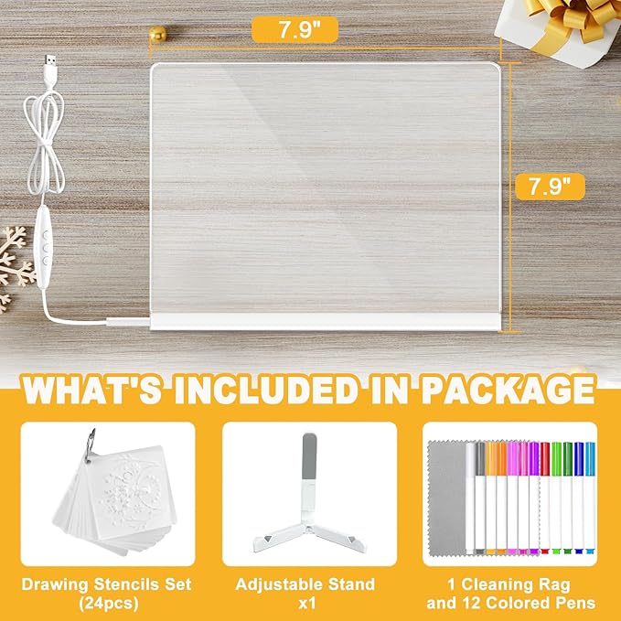 LED Acrylic Message Board, Light Up Acrylic Dry Erase Board with 7-Color Light, LED Note Board with Colors for Kids, Glow Memo Message Writing Board with Light, Drawing Stencils Set Included