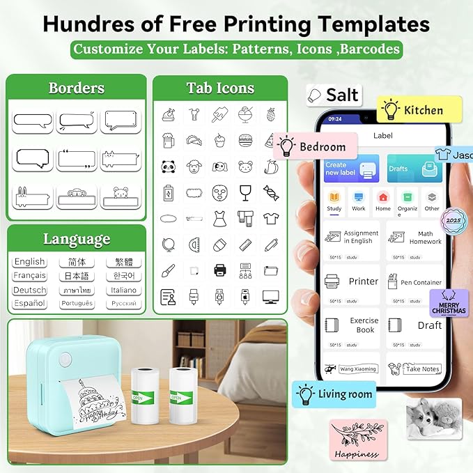 Label Maker Machine with Tape - 14 Sizes Mini Sticker Printer Bluetooth Label Printer for Home Office Organization, Portable Thermal Sticker Maker Print Pod with Multiple Templates for Phone