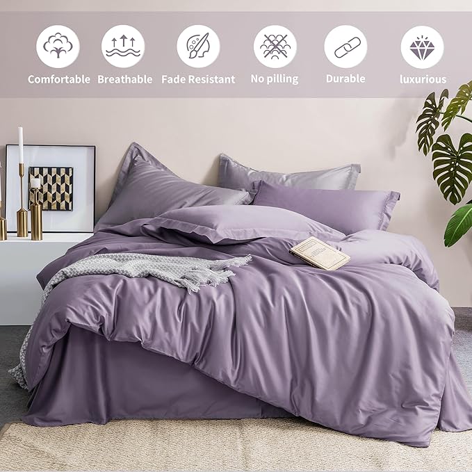 MILDLY 100% Long-Staple Cotton Duvet Cover Set Queen Size Purple Comforter Cover Sets Ultra Soft Bedding Set 3 PCS with Zipper Closure & Corner Tie (No Comforter)