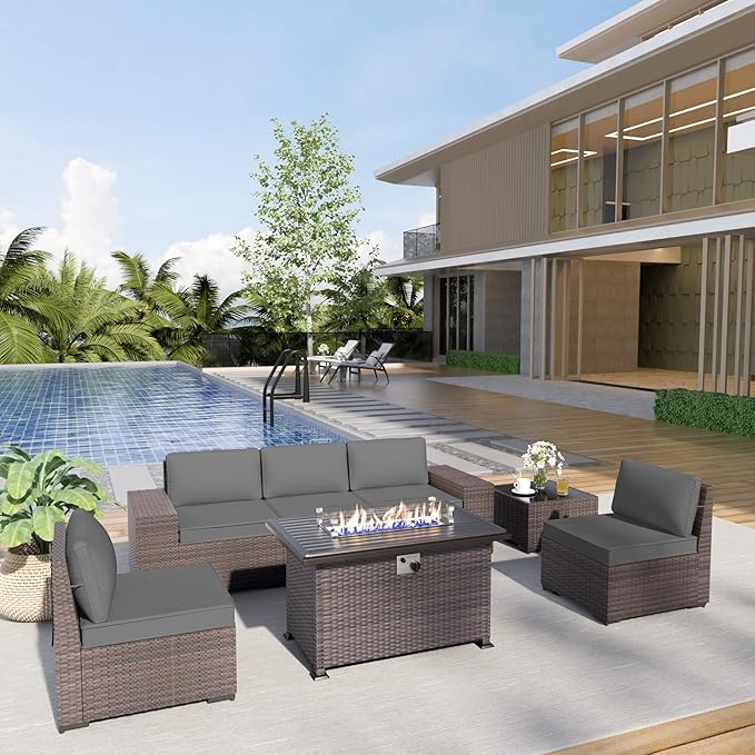 Kurapika 7 Pieces Patio Furniture Set, Rattan Wicker Outdoor Conversation Sets w/43in Propane Fire Pit Table and 4 Inch Cushion(Grey)