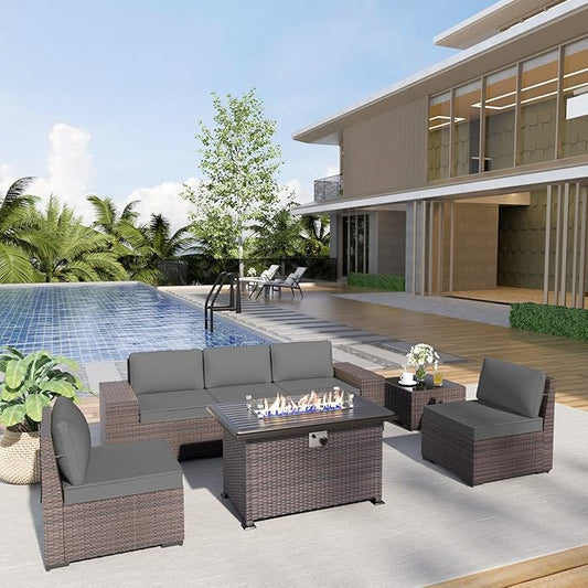 Kurapika 7 Pieces Patio Furniture Set, Rattan Outdoor Conversation Sets w/43in Propane Fire Pit Table and 4 Inch Cushion(Grey)