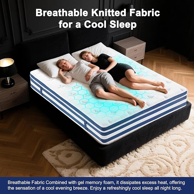 Queen Mattress, 12 Inch Hybrid Memory Foam Mattress with Gel Memory Foam & Zoned Pocket Coils, Pressure Relief, Motion Isolation, Soft & Breathable Queen Bed Mattresses in a Box, Edge Support