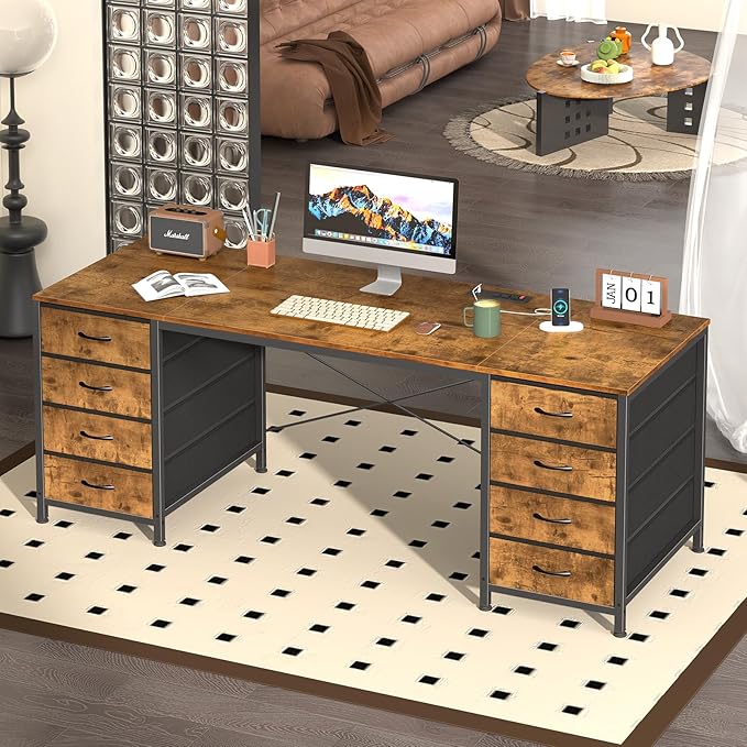 60 Inch Computer Desk with 8 Drawers, Home Office Desk with Power Outlets, Work Study Gaming Desk with 8 Fabric Drawers, Rustic Brown