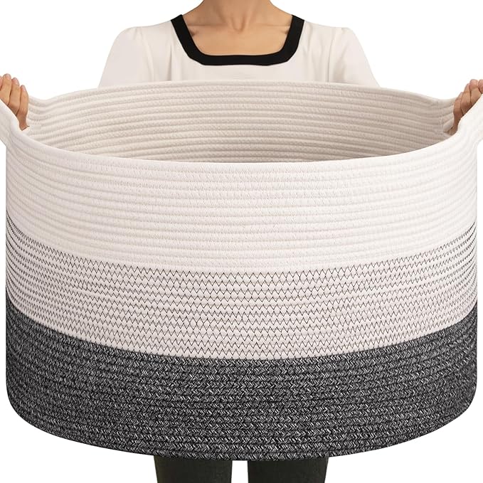 OIAHOMY Extra Large Storage Basket, 23" x 13" Woven Blanket Storage for Living Room, Round Laundry Basket for Pillow-Black and White