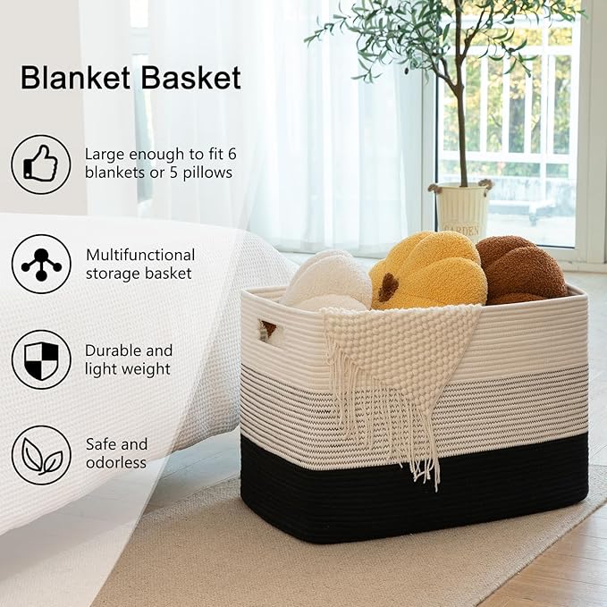 OIAHOMY 108L Large Cotton Rope Basket, Rectangle Woven Baskets for Storage, Nursery Blanket Storage Living Room, Toy Basket With Handle-25”x16”x16”-Gradient Black