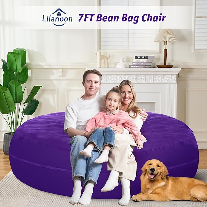7FT Bean Bag Chair with Ultra Soft Velvet Cover Bean Bag Sofar with Memory Foam Bean Bag Chairs with Large Size Lazy Sofa for Dorm Office Living Room Bedroom Purple 7'