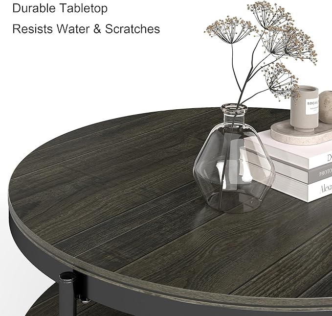 Manora Round Coffee Table with Storage Shelf, Rustic Wood Center Table with Black Metal Frame, Modern Circle Living Room Table for Small Spaces (Gray)