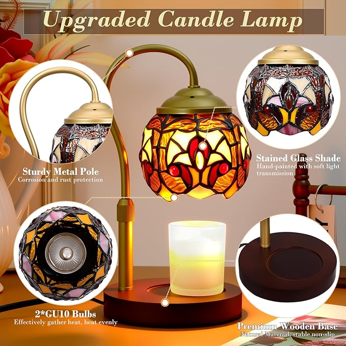 Candle Warmer Lamp with Timer Dimmer, Adjustable Height Candle Warmer for Jar Candles, Birthday Gifts for Women New Home Bedroom Decor Tiffany Baroque Style Stained Glass with 2 Bulbs