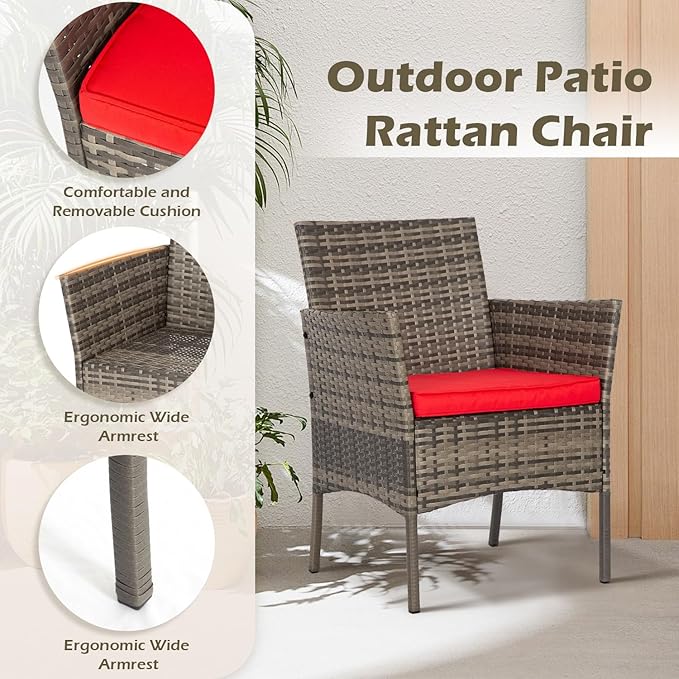 FDW 3 Piece Outdoor Furniture Set Patio Gray Wicker Chairs Furniture Bistro Conversation Set 2 Rattan Chairs with Red Cushions and Glass Coffee Table for Porch Lawn Garden Balcony Backyard