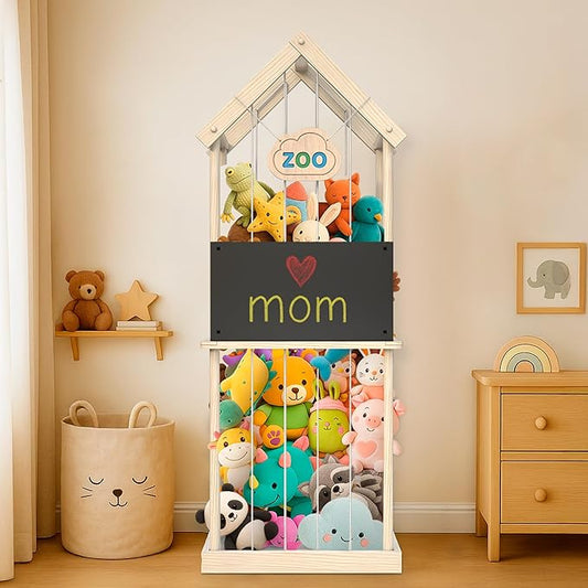 Extra Large Stuffed Animal Storage Zoo – Wooden Vertical Plush Toy Organizer & Storage with Built-in Chalkboard, 3 Chalks & Holder, Tool-Free Assembly, Anti-Tip Strap & Bumpers