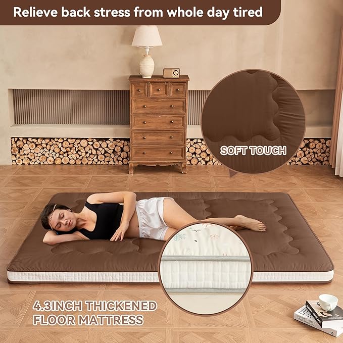 Dr.Futon Japanese Floor Futon Mattress Extra Thick Folding Roll Up Bed Topper Mat for Guest,Lounger and Tavel