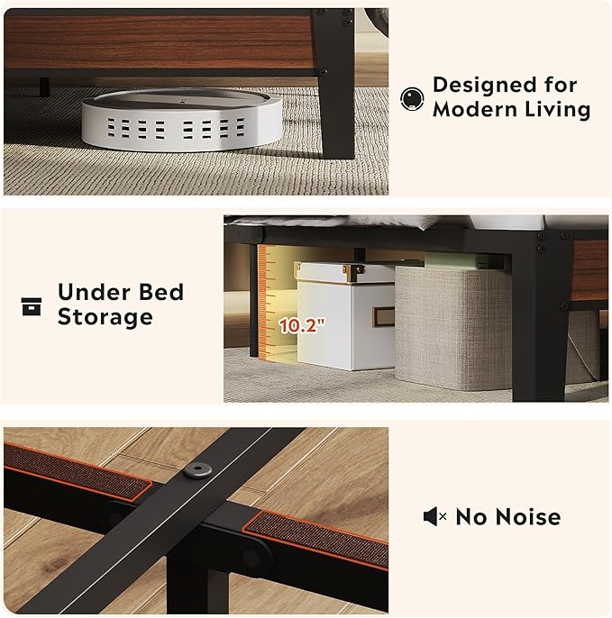 WLIVE Queen Size Upholstered Bed Frame with 2 Side Shelves, Linen Tufted Storage Headboard with Charging Ports and LED Light, Metal Solid and Stable, No Box Spring Needed, Easy Assembly, Brown