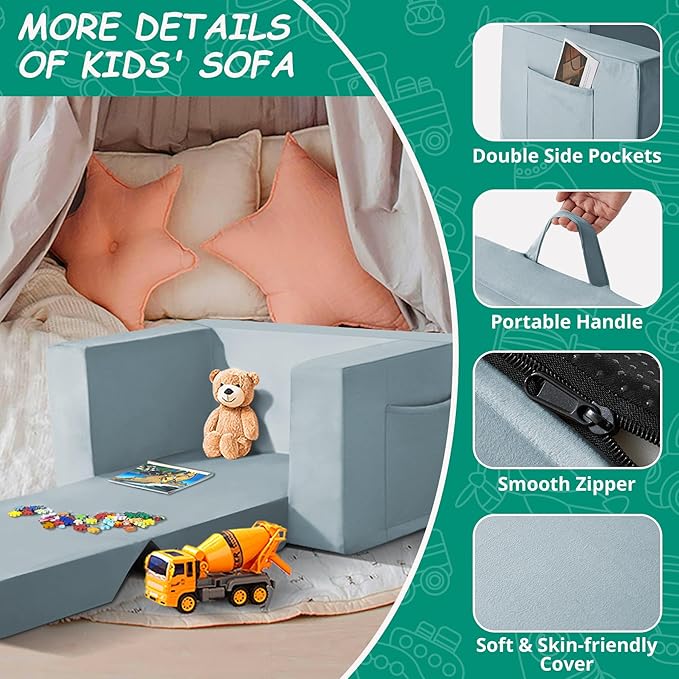 Kids Couch, 2-in-1 Toddler Chair Comfy 1-3 Years, Convertible Kids Chair, Toddler Couch That Fold Out, Kid Lounge Chairs for Boys and Girls, Soft Coral Fleece, Blue