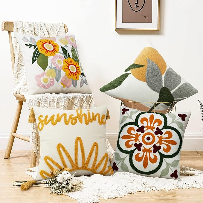 Merrycolor Boho Tufted Decorative Throw Pillow Covers 18x18 with Tassels Sunshine Bohemian Pillow Covers Cushion Covers for Couch Sofa Bedroom Living Room Yellow Beige 1PC