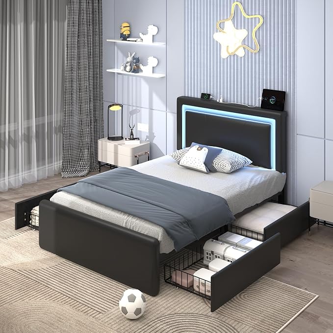 Twin Size Bed Frame with 4 Storage Drawers and LED Lights, Upholstered Platform Bed with Adjustable Headboard and Charging Station, Metal Slats Support, No Box Spring Needed,Easy Assembly, Black