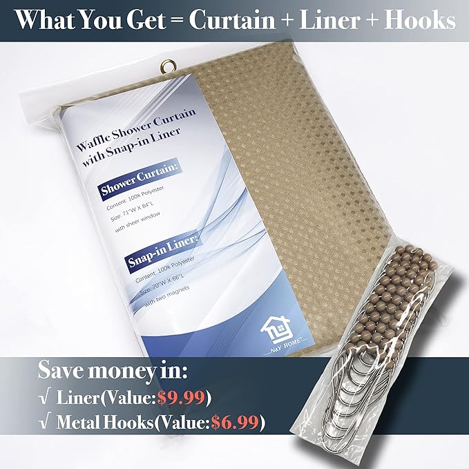 N&Y HOME Extra Long Waffle Weave Shower Curtain with Snap-in Fabric Liner Set, 12 Hooks Included - 71" x 84", Hotel Style, Mesh Top Window, Machine Washable & Water-Repellent - 71x84, Linen