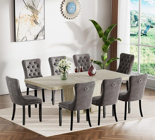 Goujxcy 9-Piece Extendable Dining Table Set for 8, 63-78 Inch Faux Travetine Kitchen Table Set with 8 Grey Upholstered Chairs Modern Wood Expandable Dining Room Table Set for Kitchen Apartment