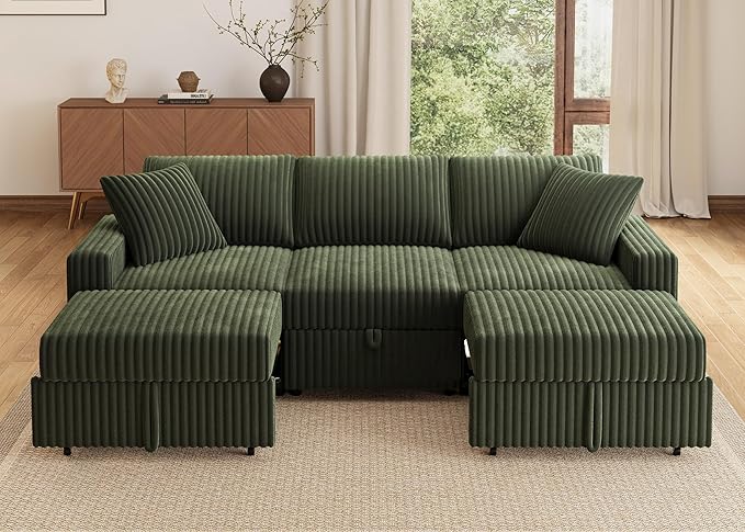 HONBAY Sectional Sofa, Modular L Shaped U Shaped Pull Out Couch with Storage, Velvet Green