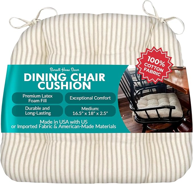 Barnett Home Decor Ticking Stripe Natural Dining Chair Pad with Ties - Medium Size 18 Chair Cushion - Latex Foam Fill - Machine Washable, Reversible, Solid Color, 100% Cotton, Made in USA