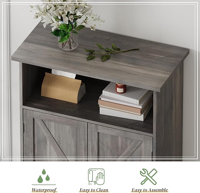 Smuxee Farmhouse Freestanding Cabinet Organizer with Barn Door and Adjustable Shelf, Wash Grey, for Bathroom, Kitchen, Living Room