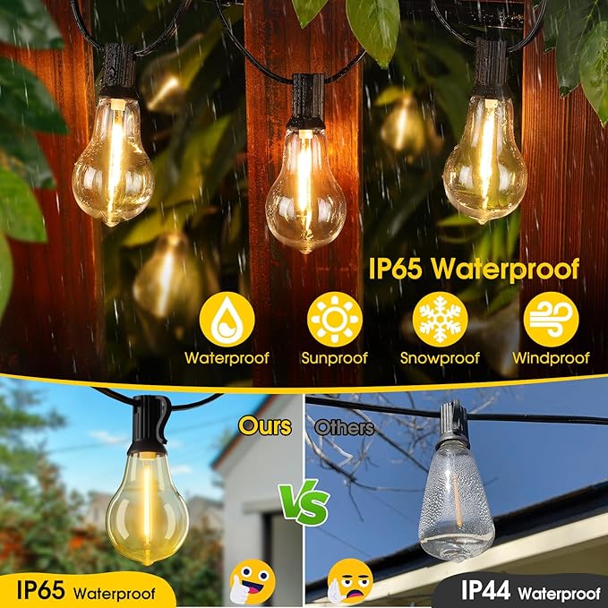 200FT(2x100FT) Outdoor String Lights, LED Patio Lights with 83 Waterproof Shatterproof A39 Dimmable Bulbs(3 Spare) for Balcony-2 Pack Black