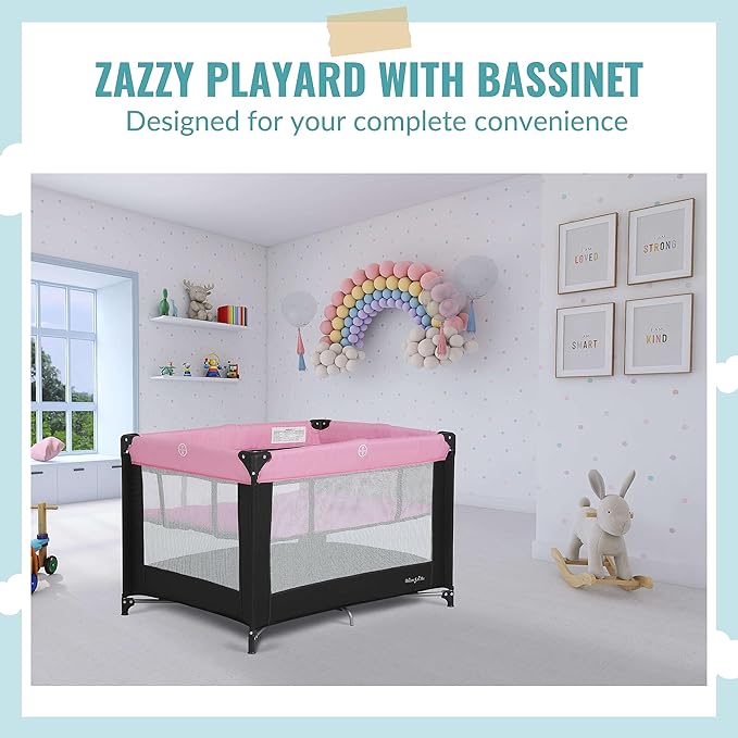 Dream On Me Zazzy Portable Playard with Bassinet in Pink, Packable and Easy Setup Baby Playard, Lightweight and Portable Playard for Baby with Mattress and Travel Bag