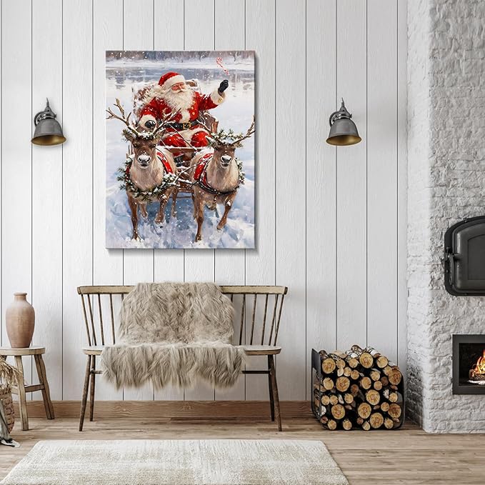 Vintage Santa in Sleigh with Reindeer Christmas Canvas Wall Art - Classic Framed Prints for Living Room & Office, Cozy Winter Snow Scene Nature Decor, Ideal Christmas Gifts & Festive Decorations