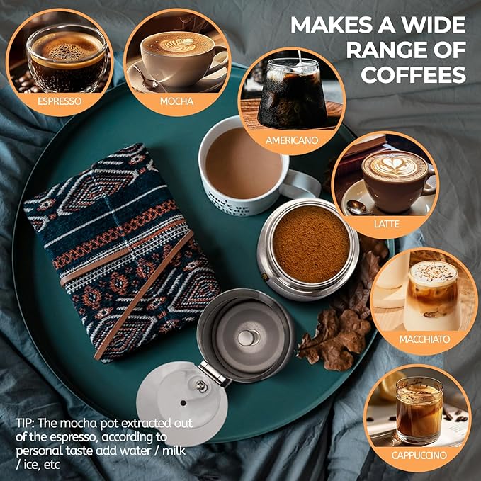 4 Cup 200ml Moka Pot Stainless Steel Espresso Coffee Maker Stovetop Percolator Coffeemaker Italian Classic Style Brewing Greca Cafe Mocha Machine for Cafeteras Lover Camping Travel and Home Use 6.6oz