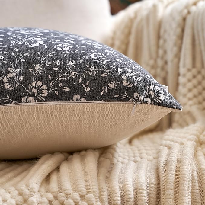 Alerfa Set of 2 Floral Pillow Covers 18x18, Vintage Block Print Throw Pillow Covers Decorative Farmhouse Accent Couch Pillows for Living Room Bedroom, Black