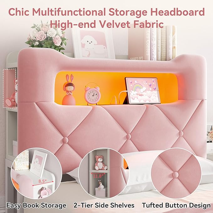 Twin Upholstered LED Bed Frame with 2 Storage Drawers and 2-Tier Storage Bookcase Headboard, Velvet Princess Platform Bed for Kids/Girls/Boys, Heavy Duty Metal Support, No Box Spring Needed, Pink